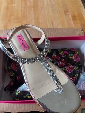 Betsey Johnson Silver Crystal T-Strap Sandals with Pink Logo Accent